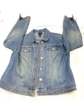 INC Womens Blue Denim Jacket With Rhinestone Buttons Double Pockets